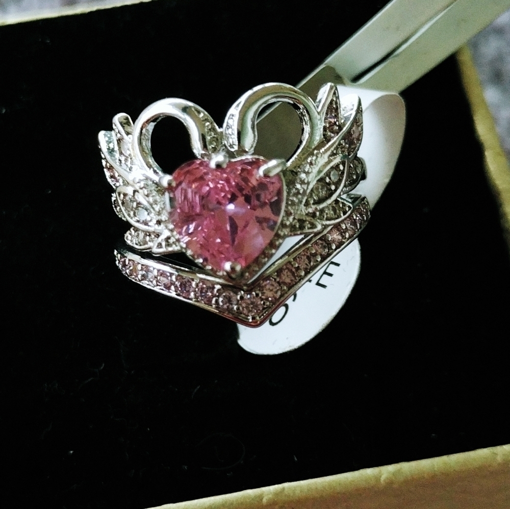 *New* Sterling silver Swans Heart 2pc Ring Set